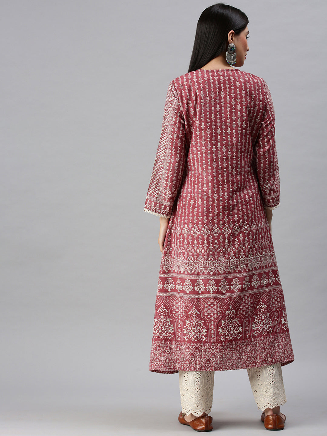 Women Anarkali Pink Printed Kurta and Trousers