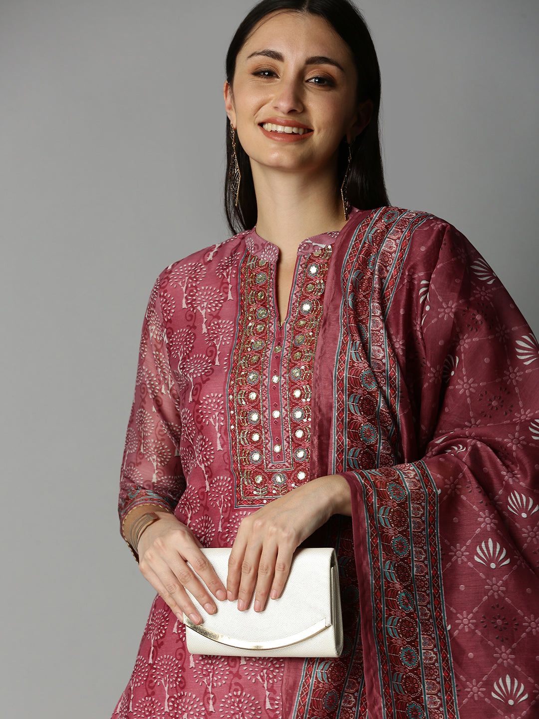 Women Straight Peach Printed Kurta and Trousers Comes with Dupatta