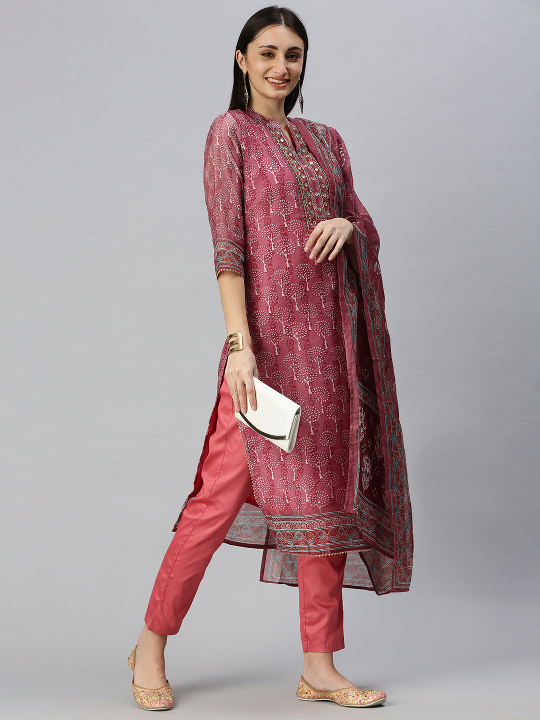 Women Straight Peach Printed Kurta and Trousers Comes with Dupatta