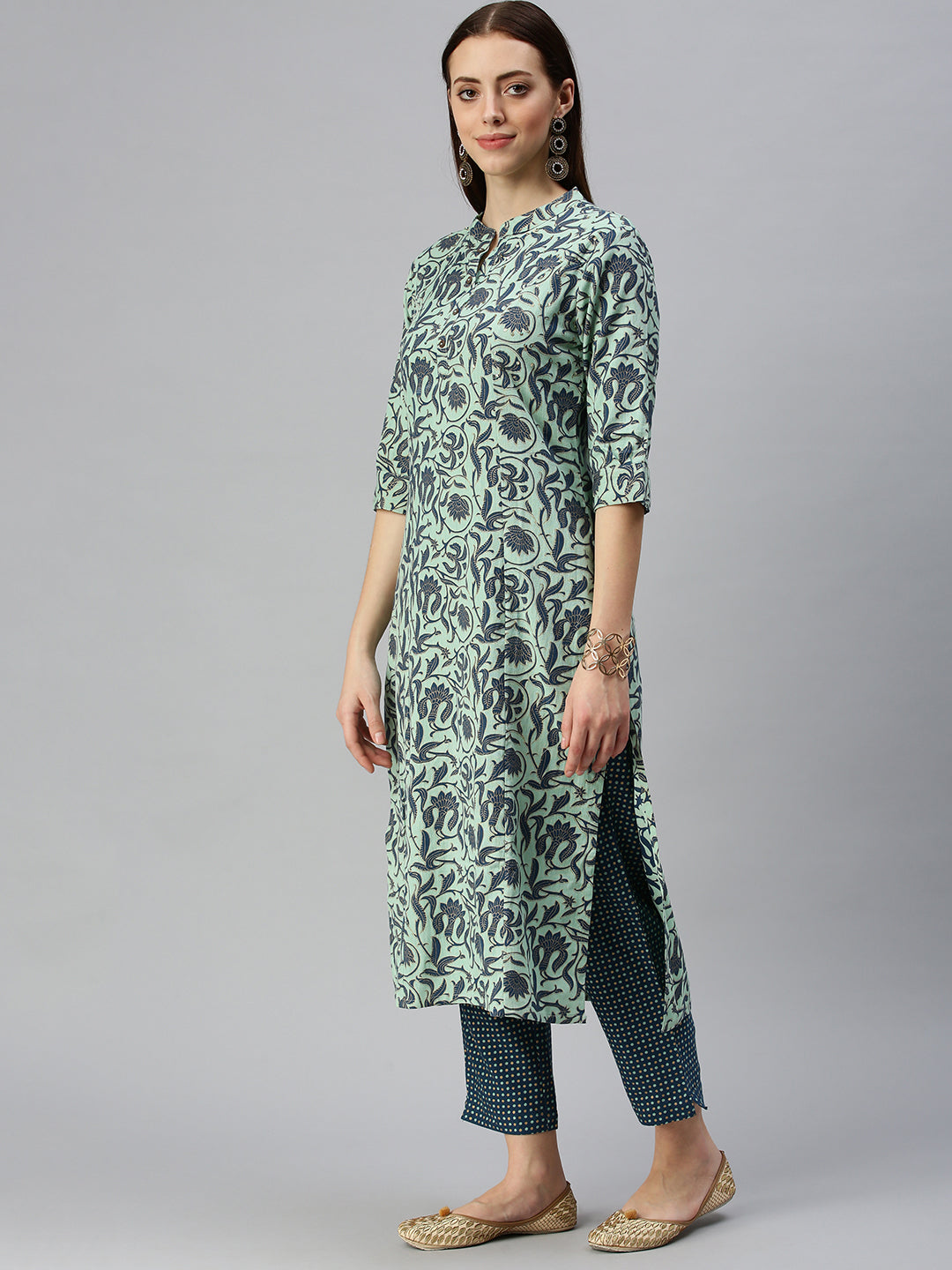 Women Straight Turquoise Blue Printed Kurta and Trousers Comes with Dupatta