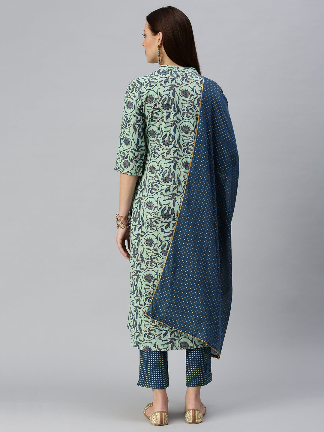 Women Straight Turquoise Blue Printed Kurta and Trousers Comes with Dupatta