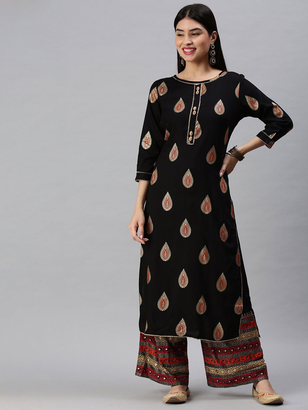 Women Straight Black Printed Kurta and Palazzos