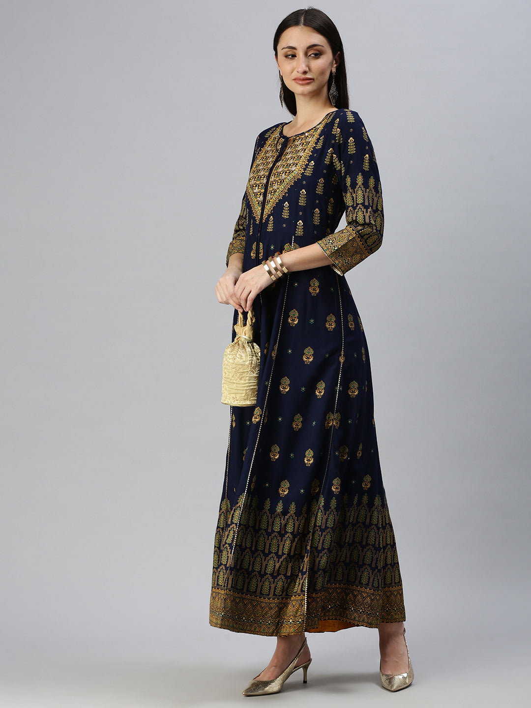 Women Printed Navy Blue Anarkali Kurta