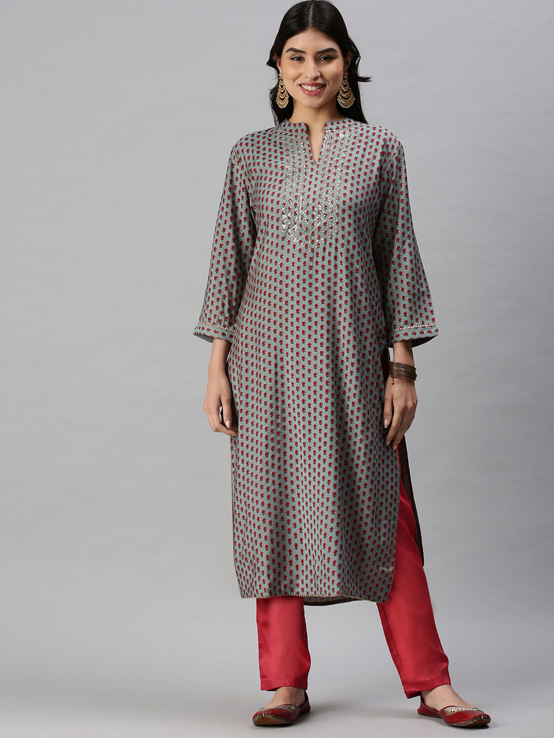 Women Straight Turquoise Blue Printed Kurta and Trousers