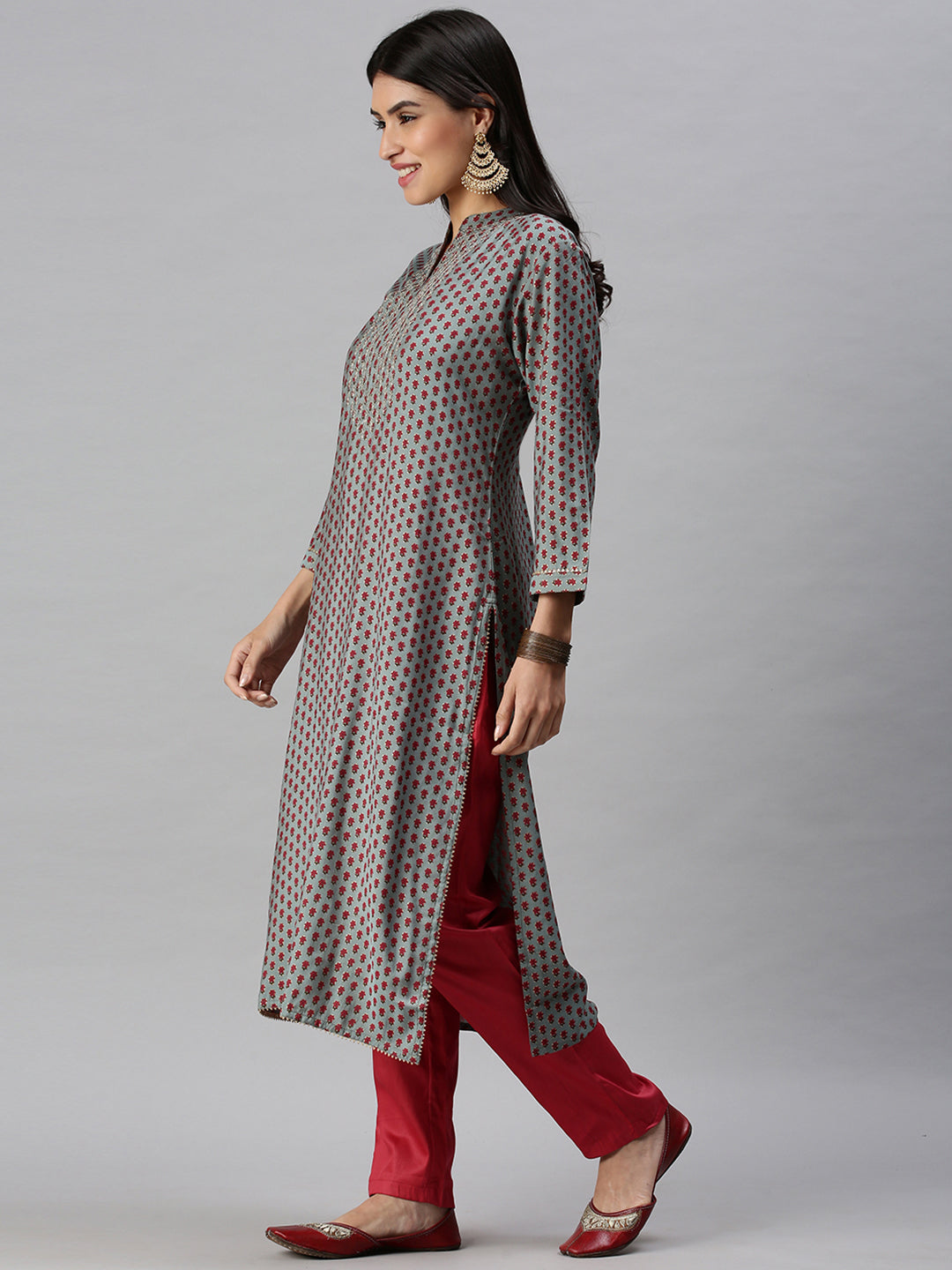 Women Straight Turquoise Blue Printed Kurta and Trousers