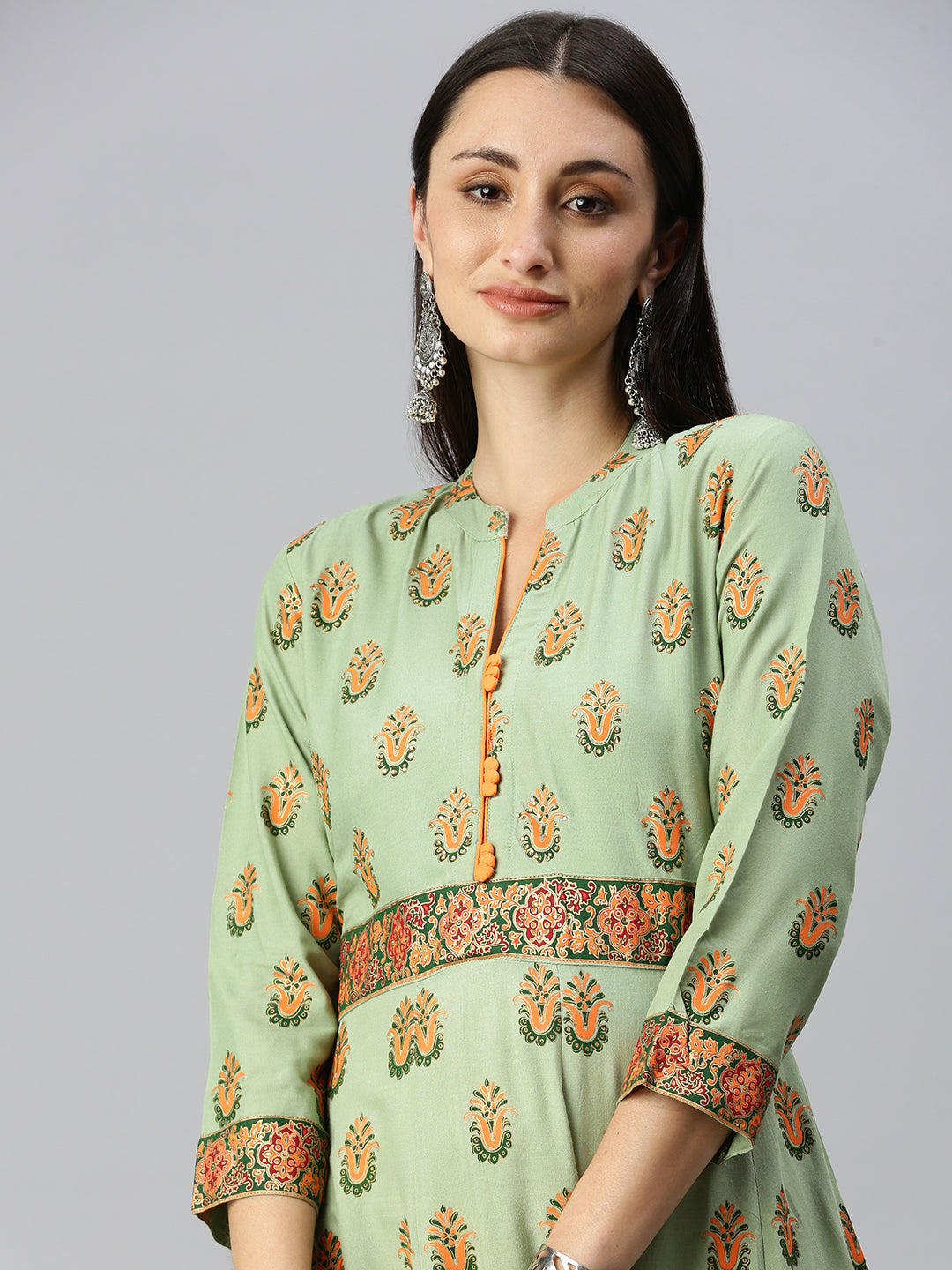 Women Mandarin Collar Printed Green Anarkali Kurta