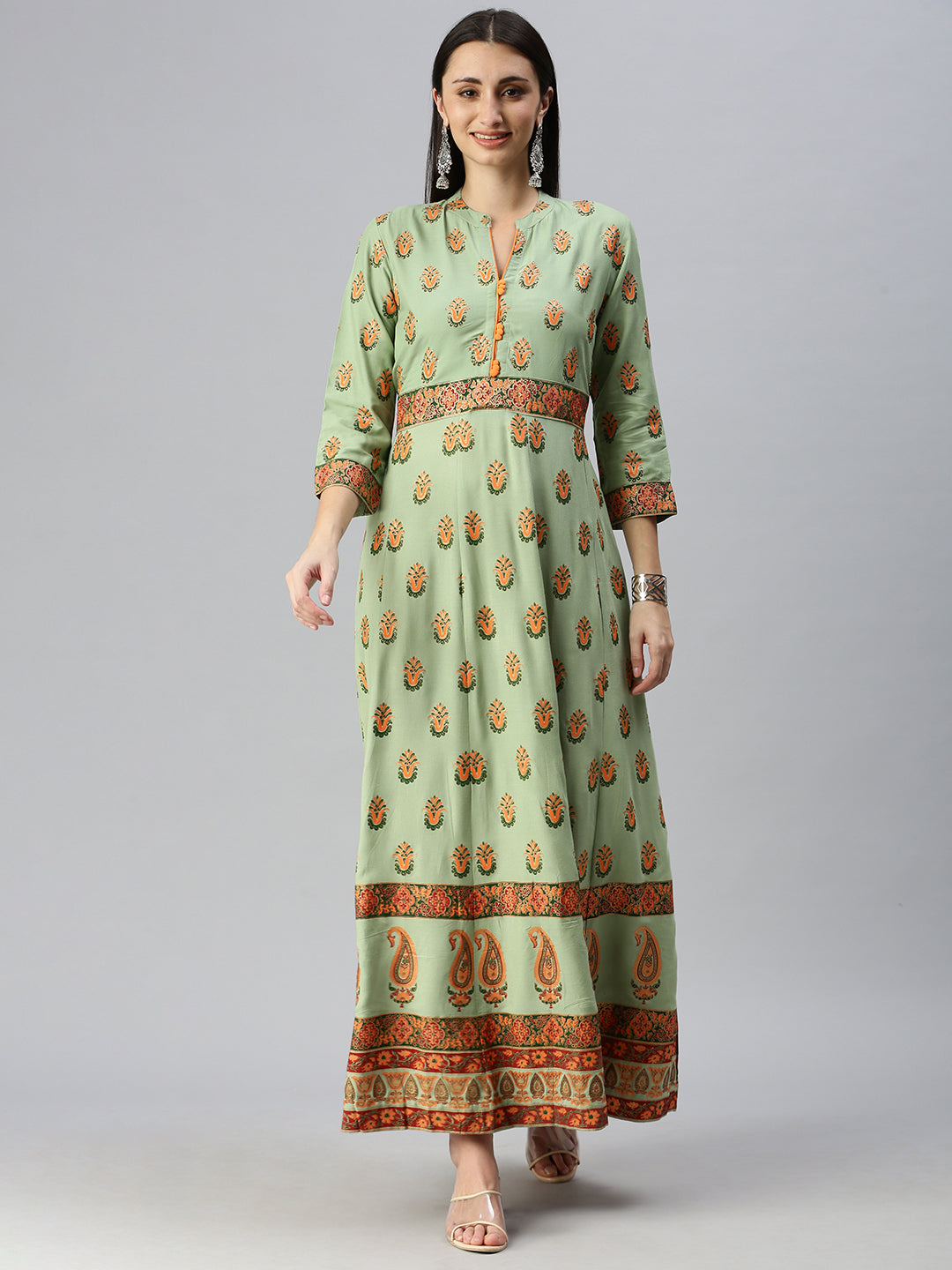 Women Mandarin Collar Printed Green Anarkali Kurta