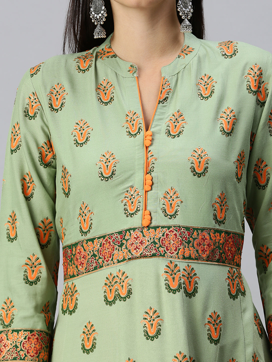 Women Mandarin Collar Printed Green Anarkali Kurta