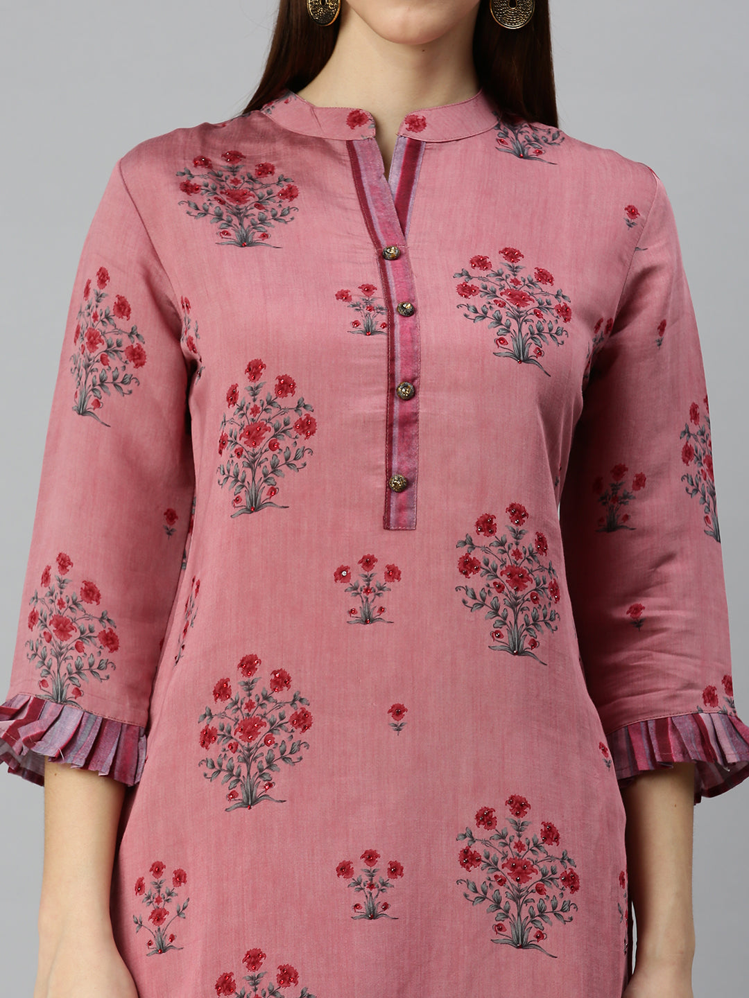 Women Mandarin Collar Printed Purple Straight Kurta