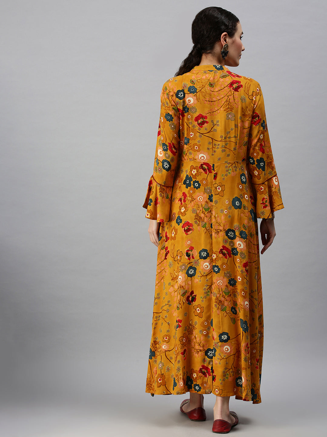 Women Mandarin Collar Printed Yellow Anarkali Kurta