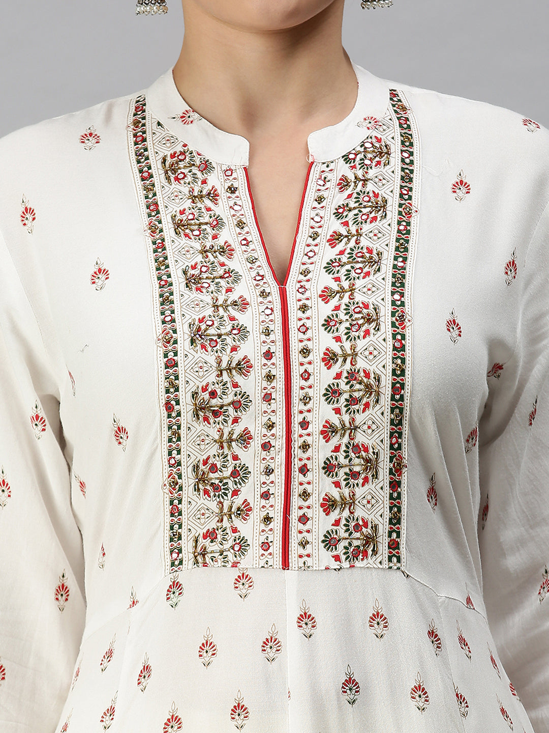 Women V-Neck Printed White Anarkali Kurta