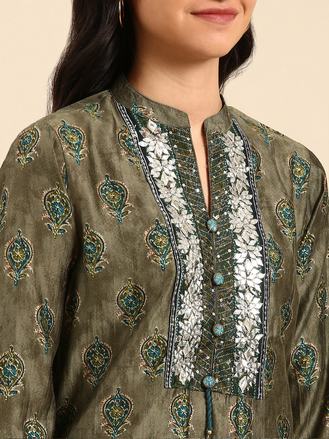 Women Graphic Olive Straight Kurta Set with Dupatta