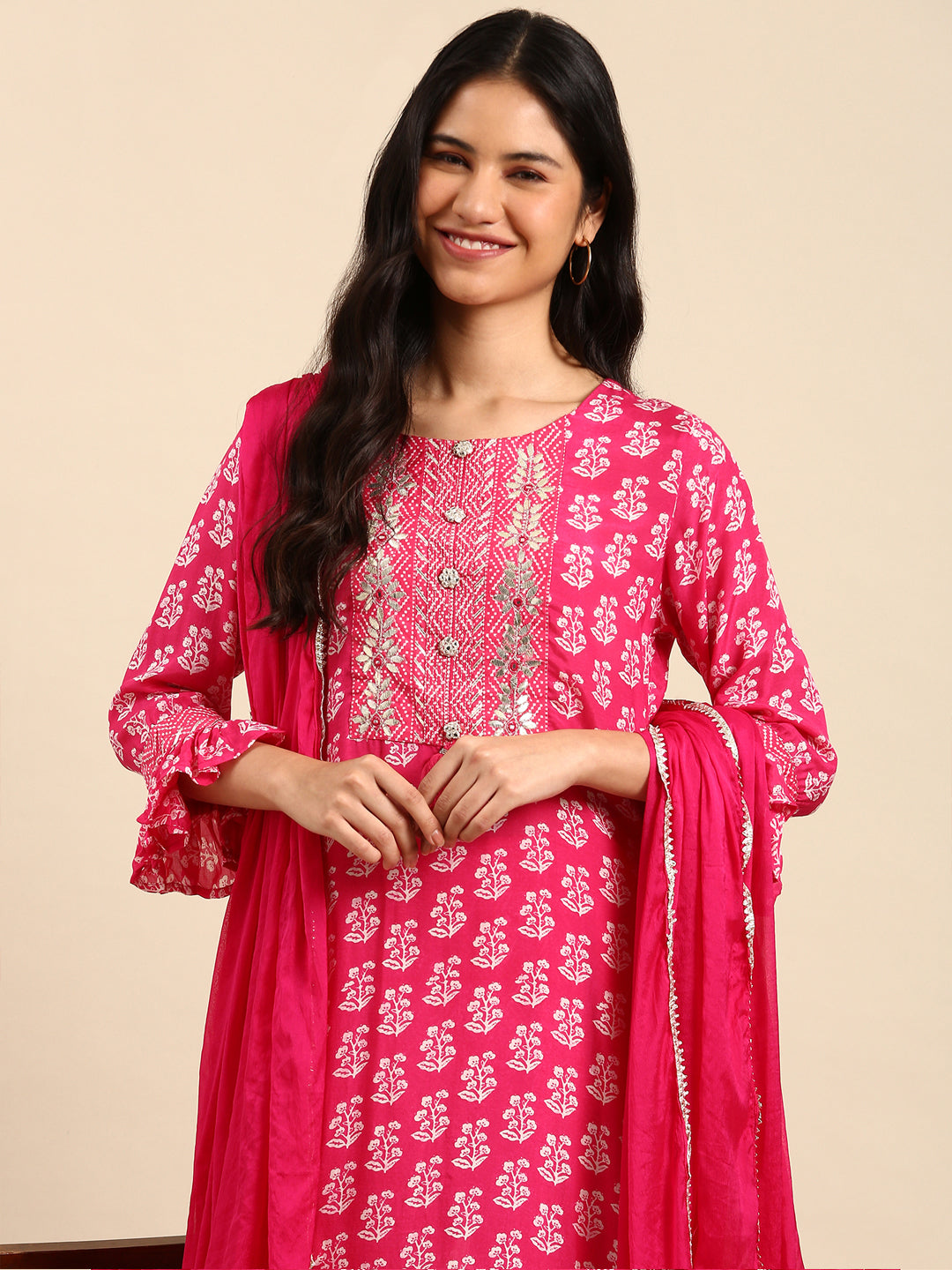 Women Graphic Pink Straight Kurta Set with Dupatta