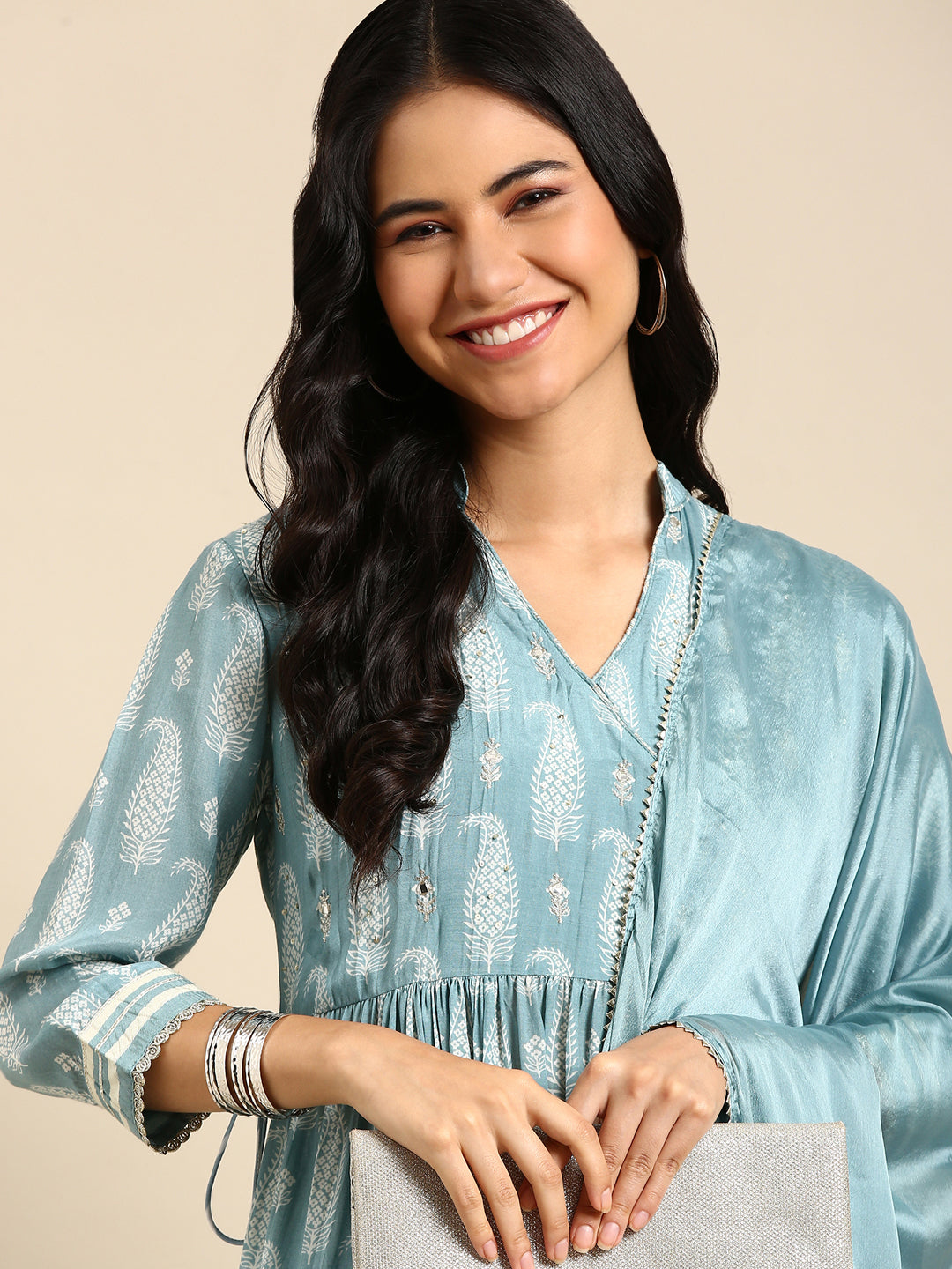 Women Paisley Blue Anarkali Kurta Set with Dupatta