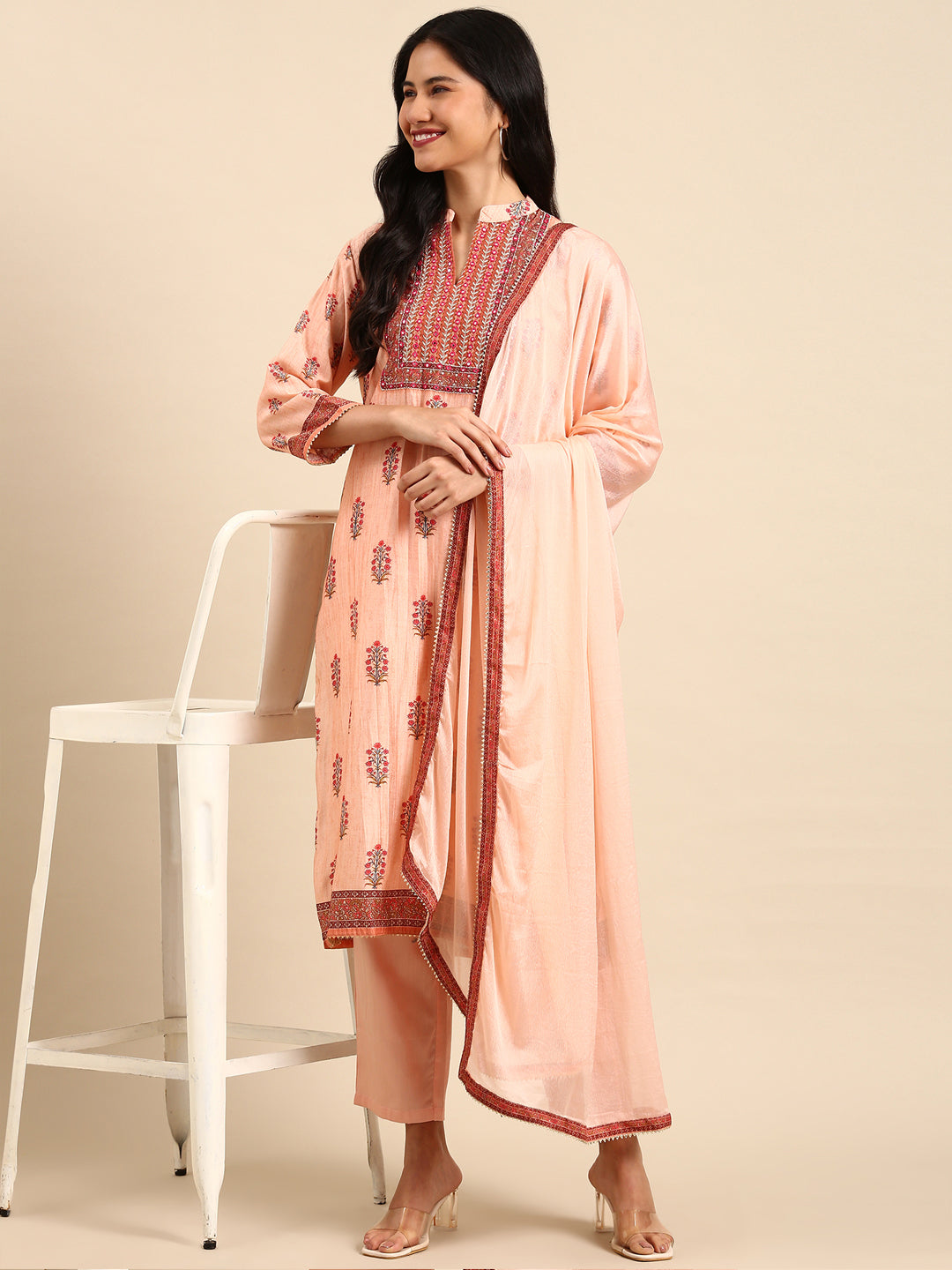 Women Floral Peach Straight Kurta Set with Dupatta