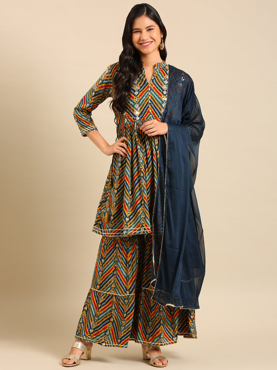 Women Chevron Multi Anarkali Kurta Set with Dupatta