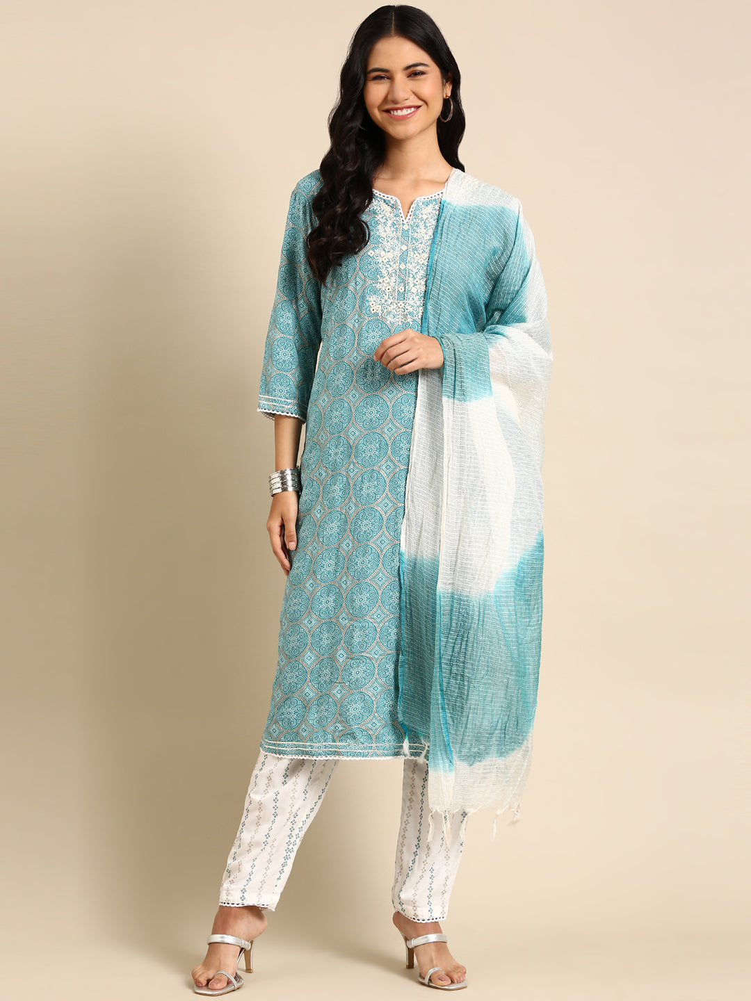 Women Graphic Blue Straight Kurta Set with Dupatta