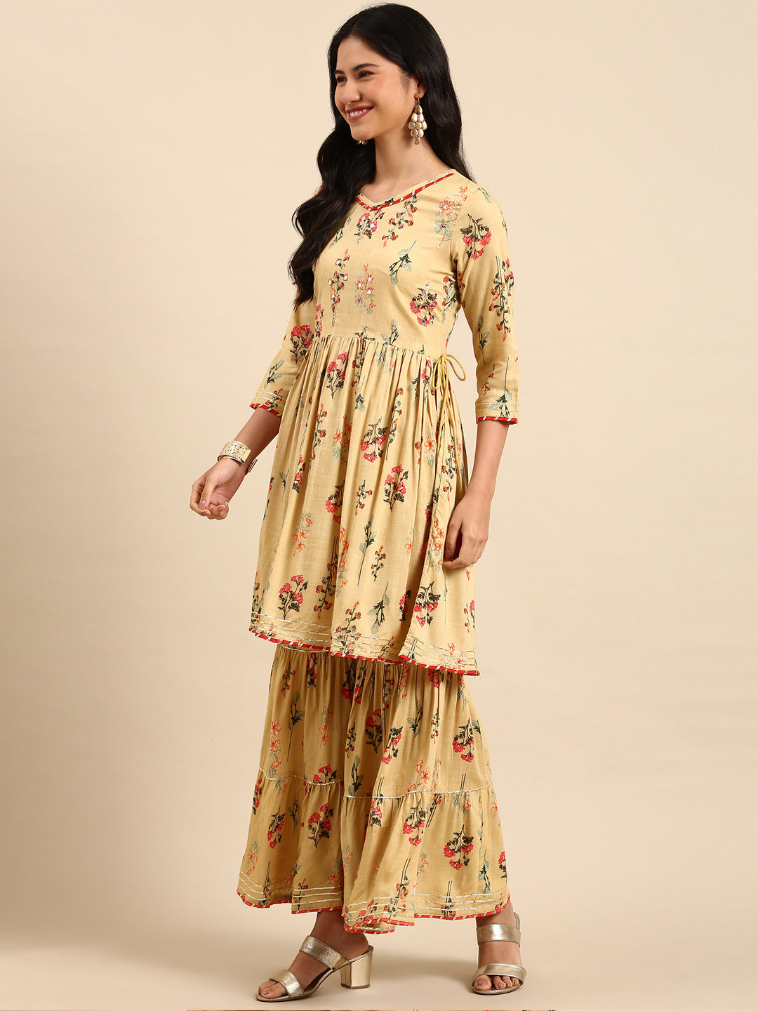 Women Floral Beige Anarkali Kurta Set with Dupatta