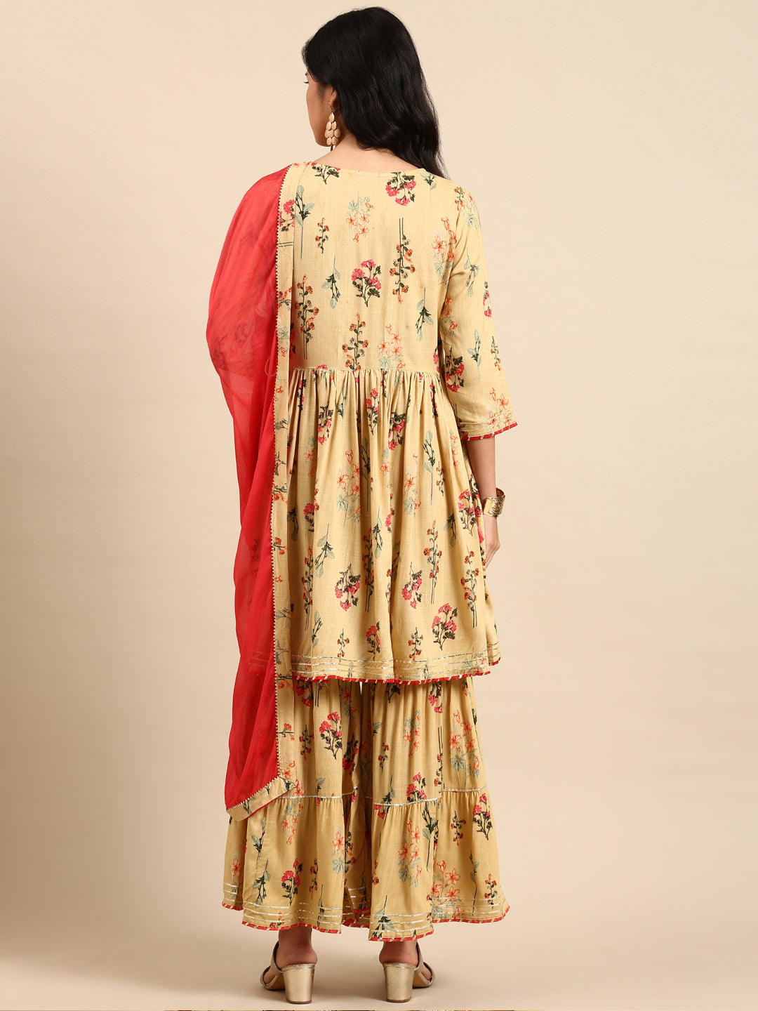 Women Floral Beige Anarkali Kurta Set with Dupatta