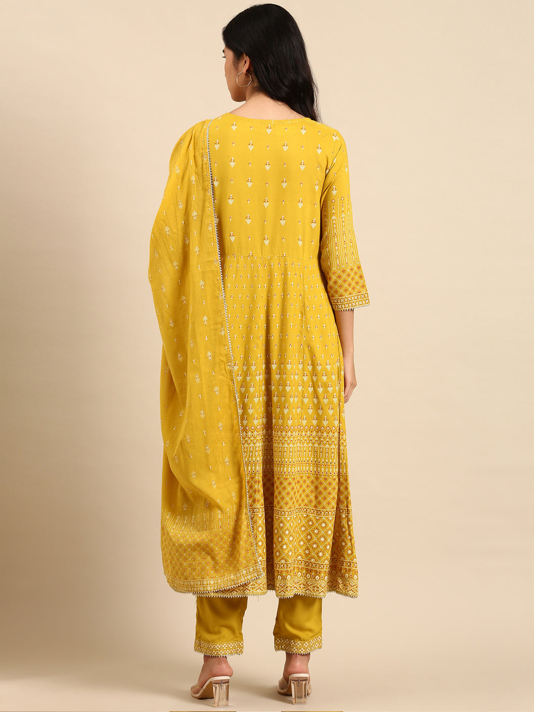 Women Graphic Yellow Anarkali Kurta Set with Dupatta