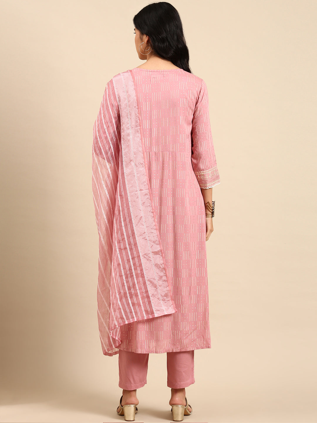 Women Geometric Pink Anarkali Kurta Set with Dupatta