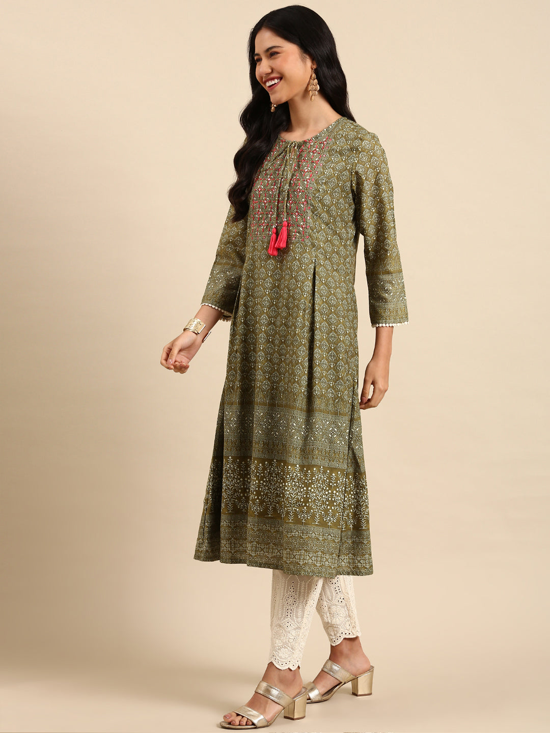 Women Graphic Olive A-Line Kurta Set