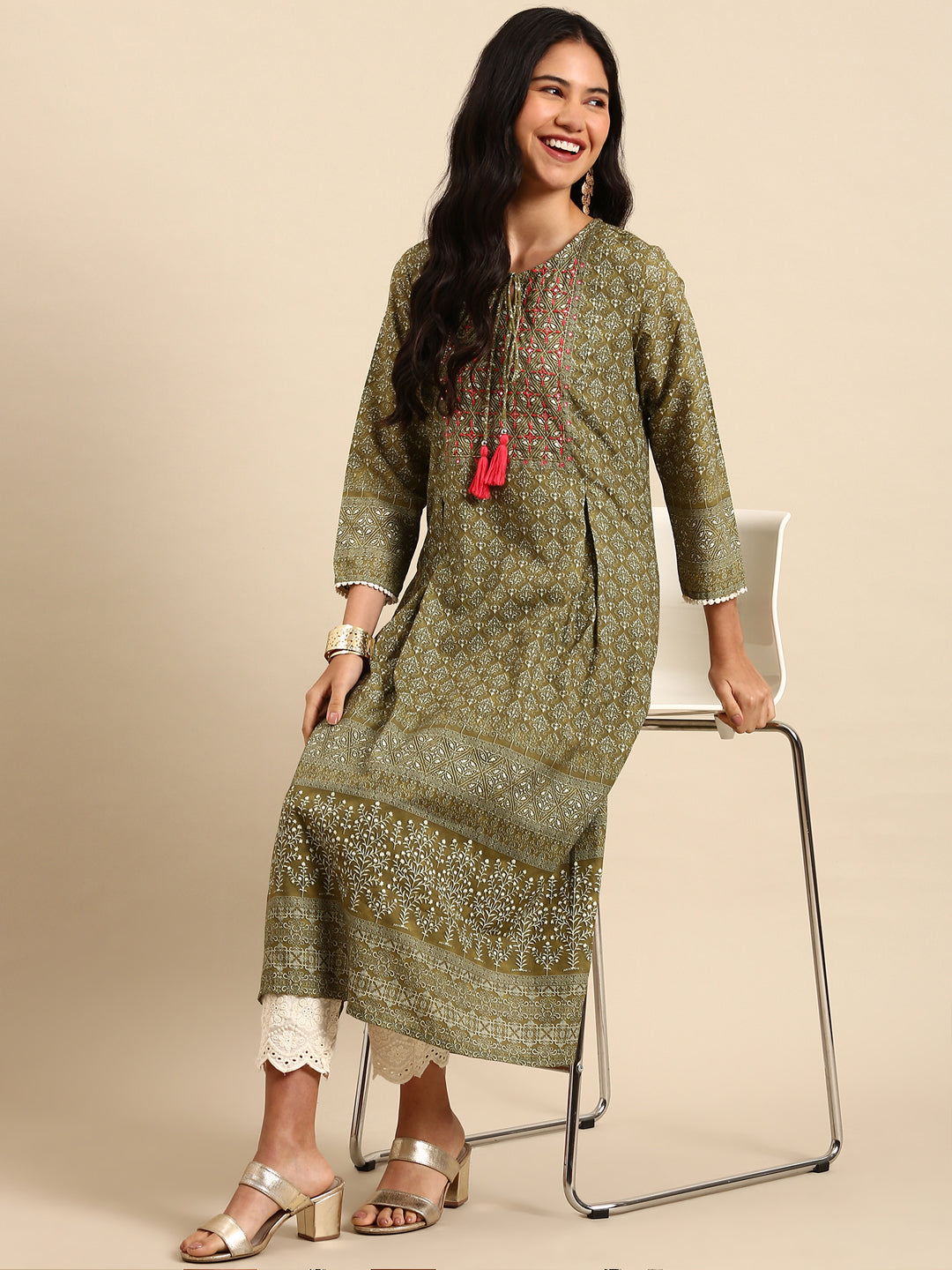 Women Graphic Olive A-Line Kurta Set