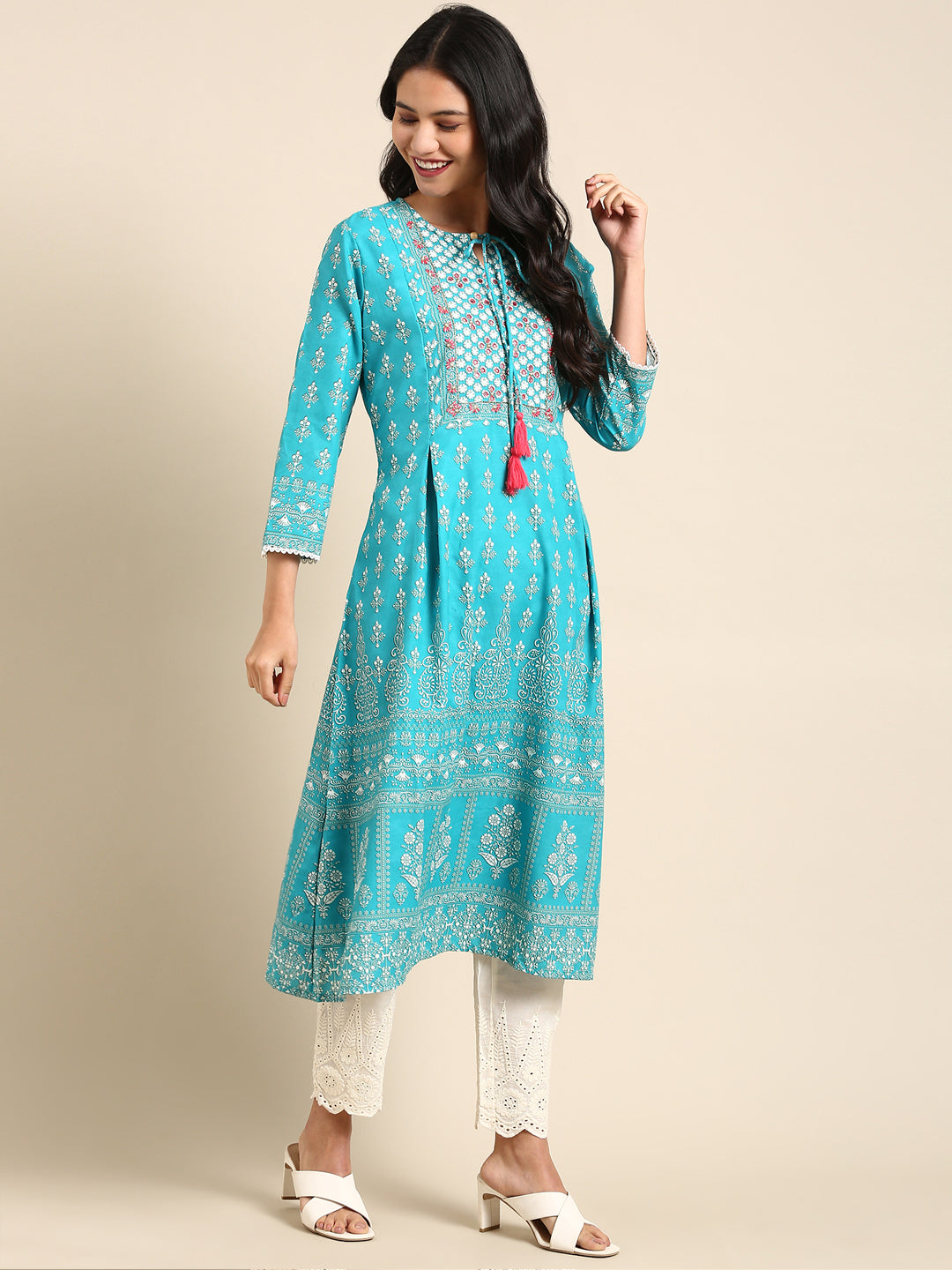 Women Graphic Blue A-Line Kurta Set