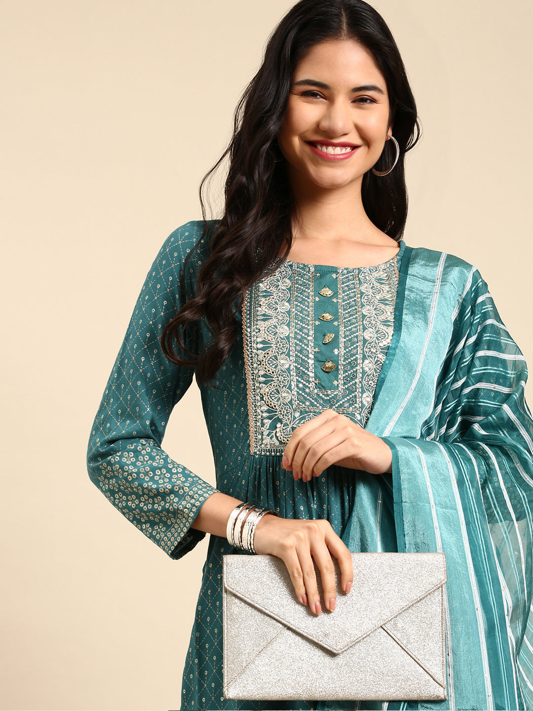 Women Geometric Green Anarkali Kurta Set with Dupatta