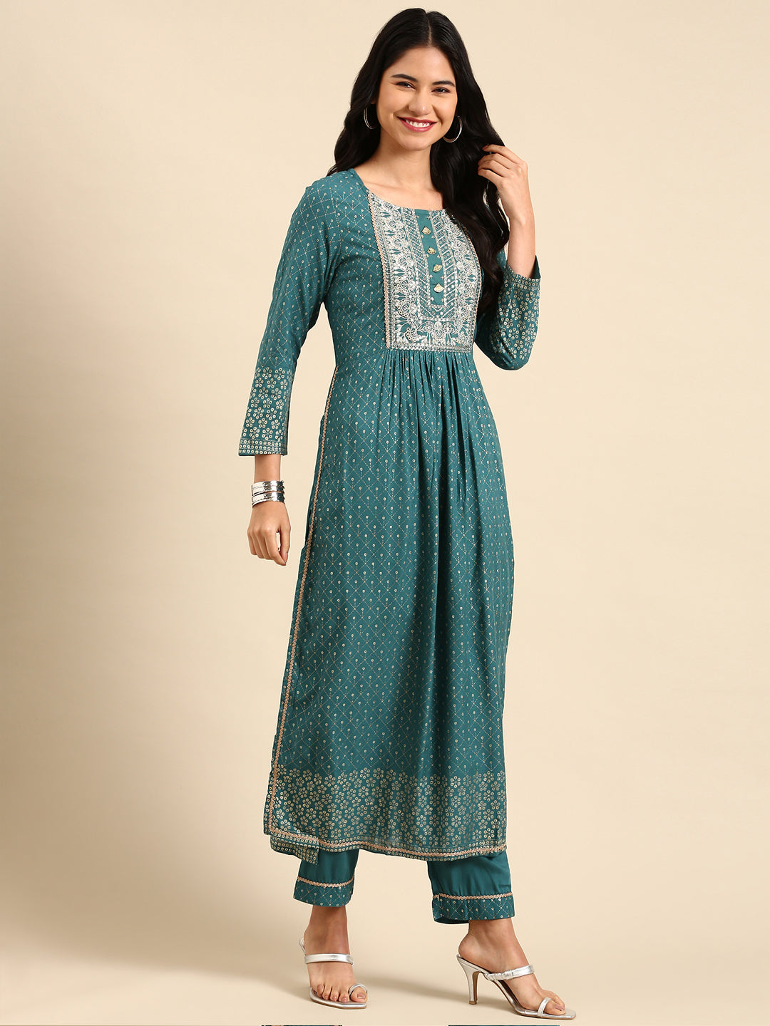 Women Geometric Green Anarkali Kurta Set with Dupatta