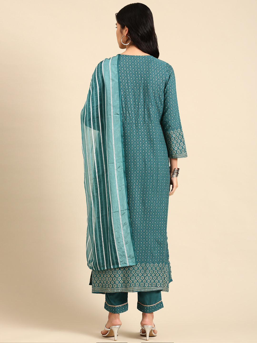 Women Geometric Green Anarkali Kurta Set with Dupatta