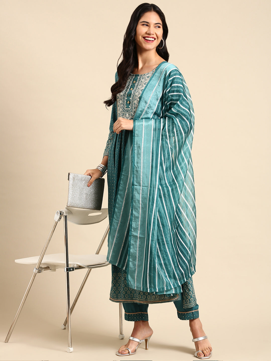 Women Geometric Green Anarkali Kurta Set with Dupatta