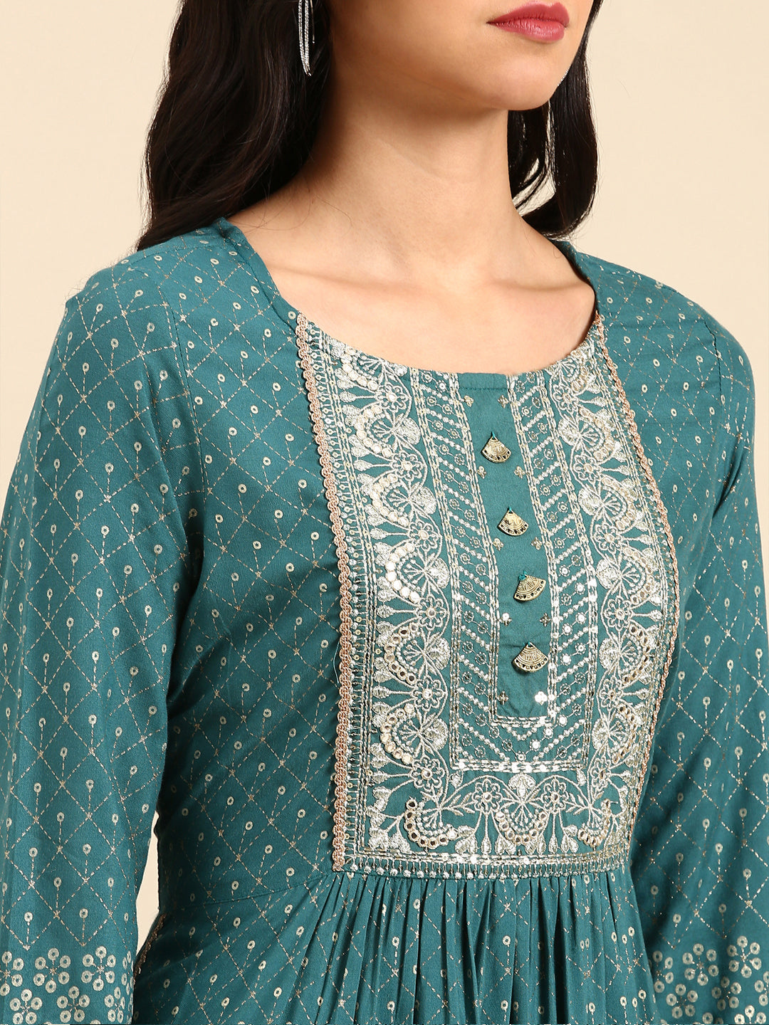 Women Geometric Green Anarkali Kurta Set with Dupatta