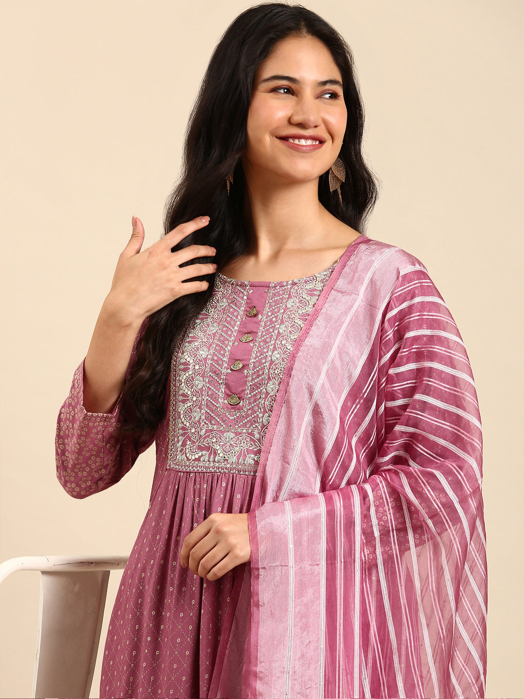 Women Geometric Purple Anarkali Kurta Set with Dupatta