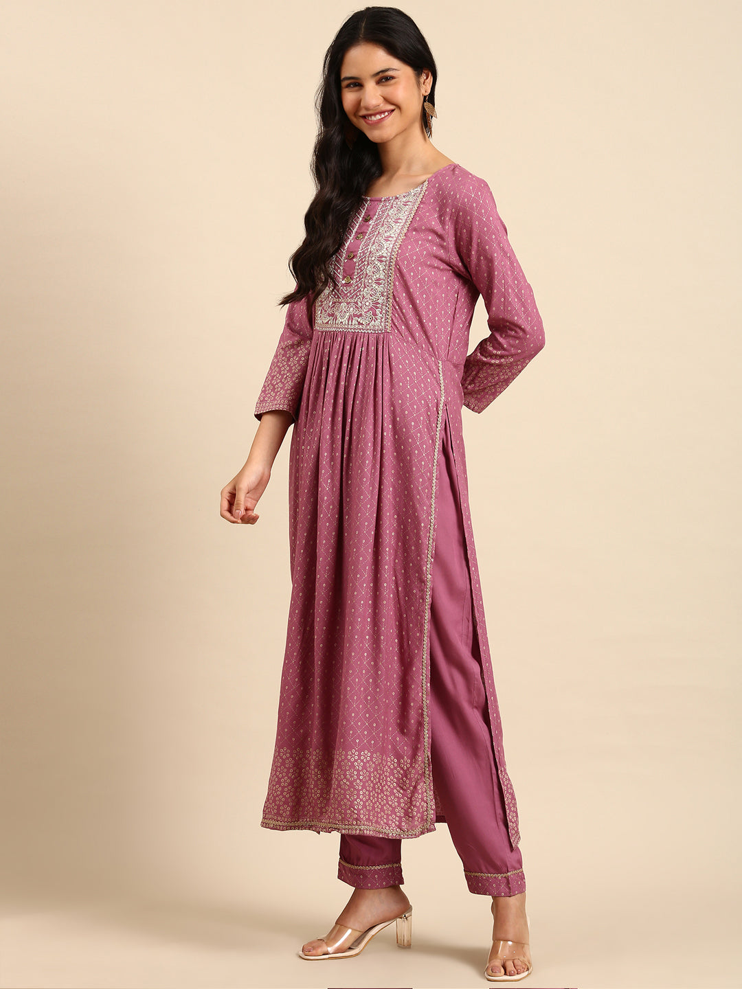 Women Geometric Purple Anarkali Kurta Set with Dupatta