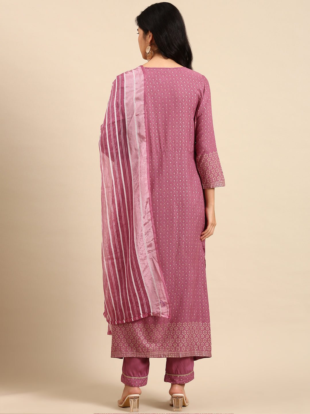 Women Geometric Purple Anarkali Kurta Set with Dupatta