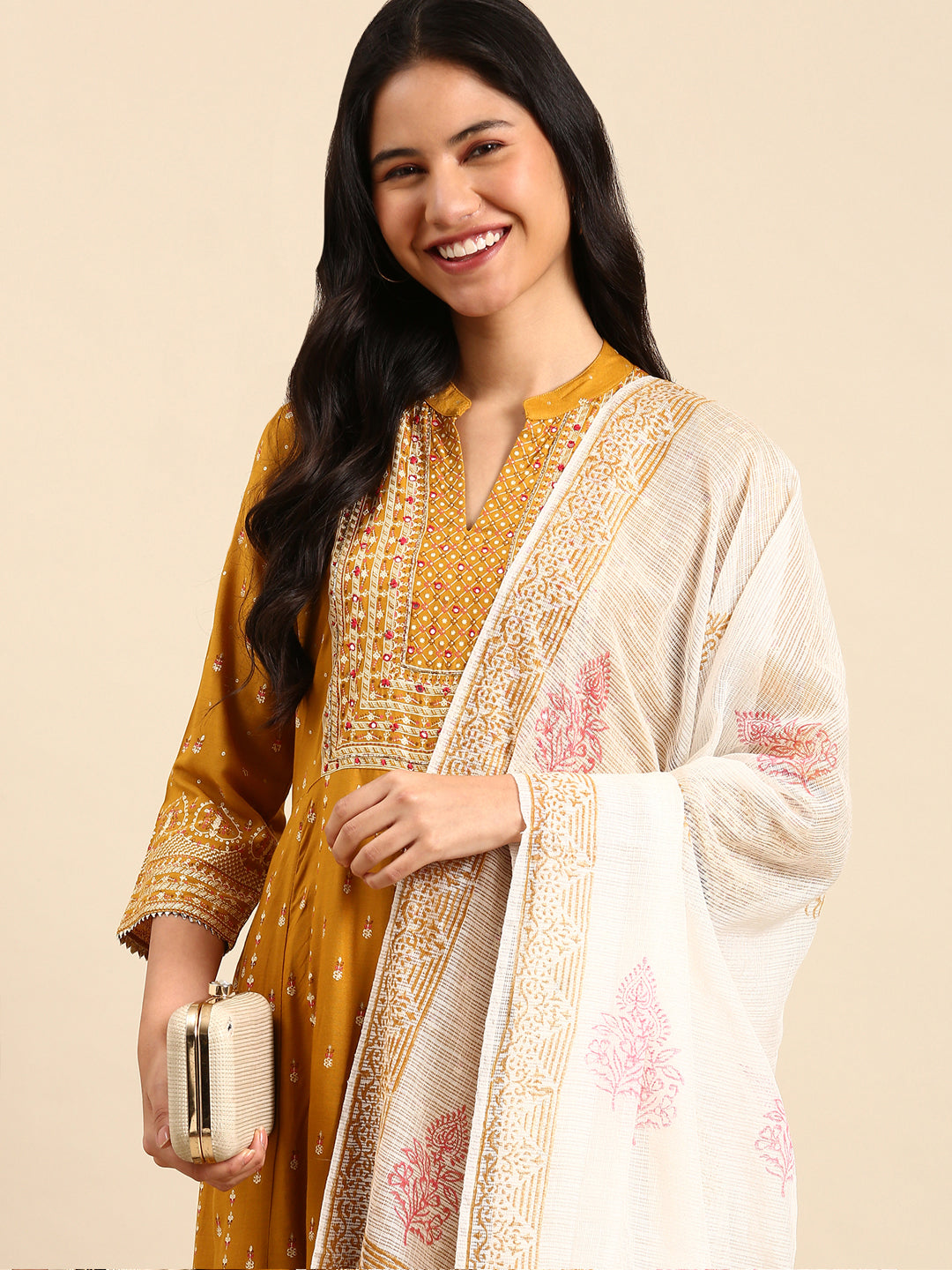 Women Graphic Mustard A-Line Kurta Set with Dupatta