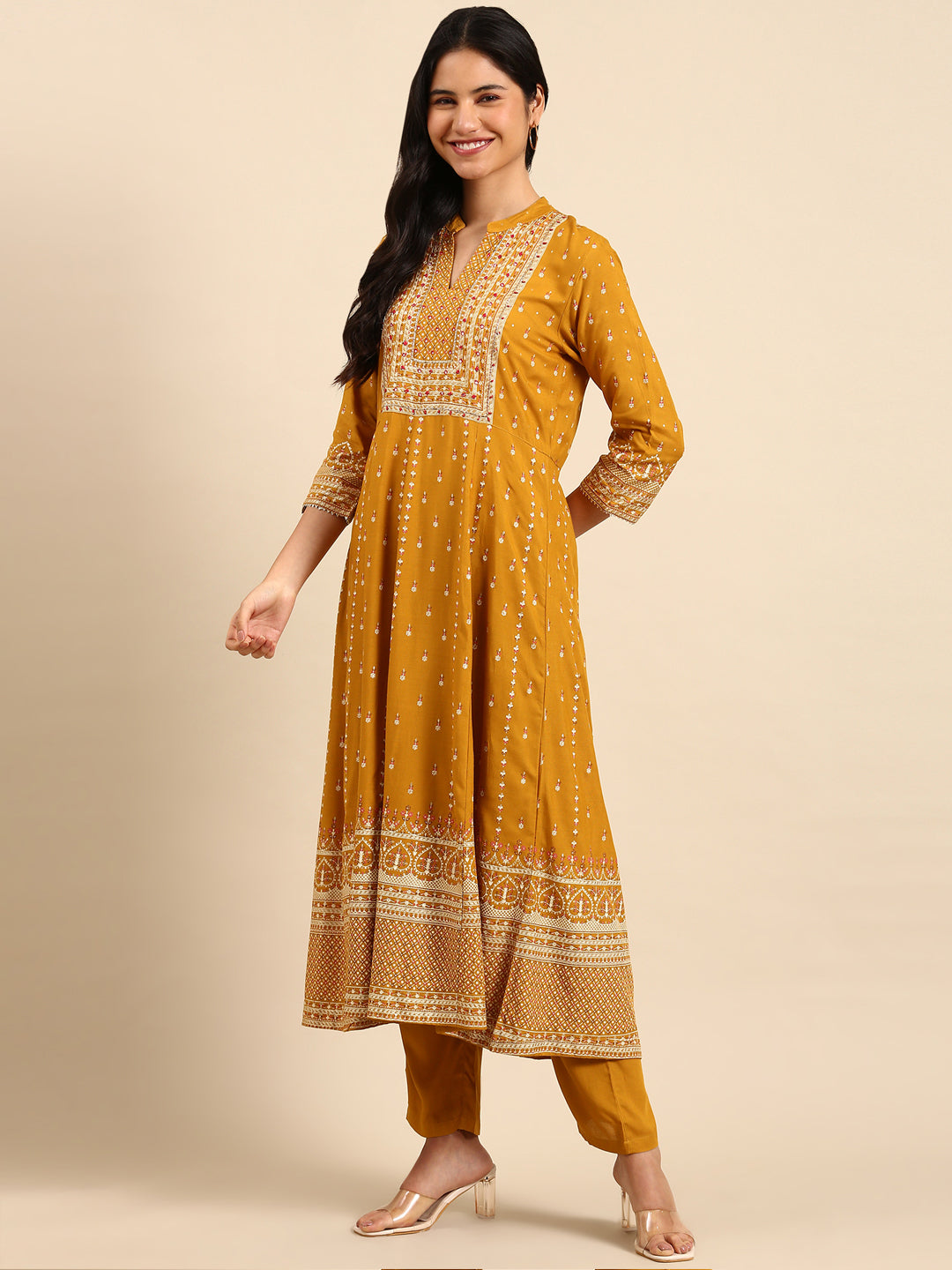 Women Graphic Mustard A-Line Kurta Set with Dupatta