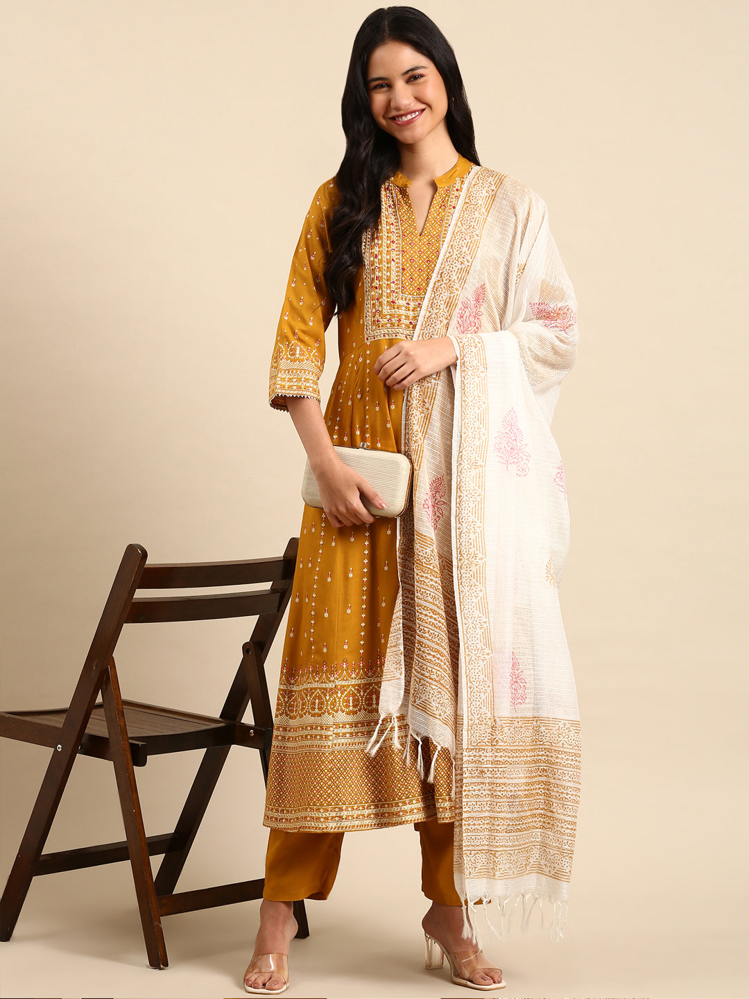 Women Graphic Mustard A-Line Kurta Set with Dupatta