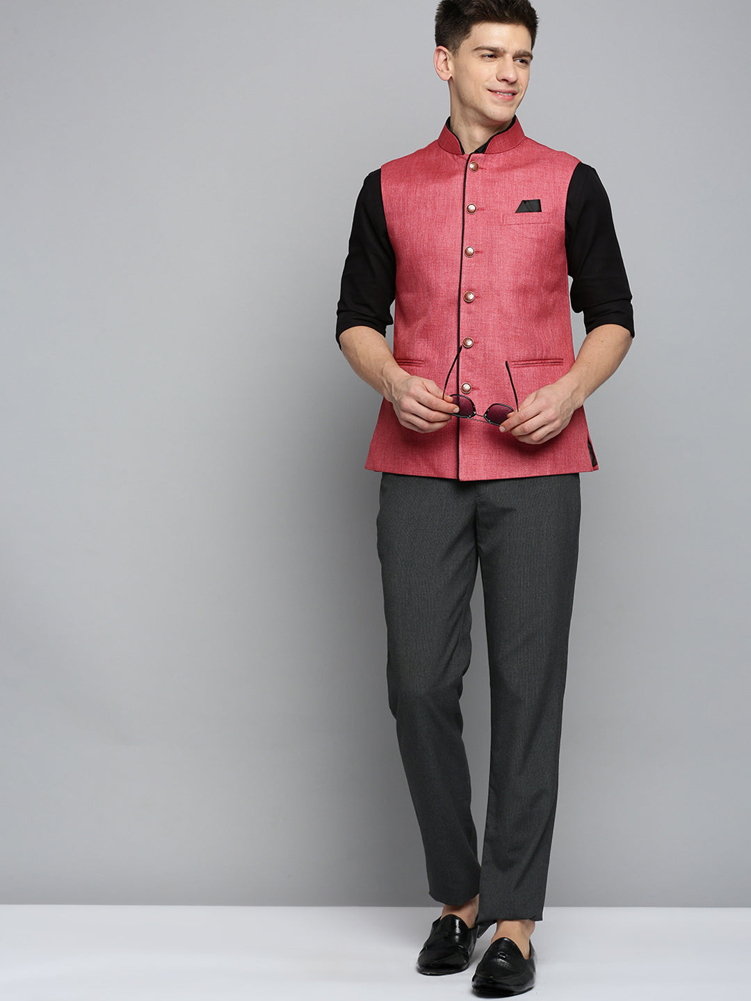 Men Mandarin Collar Solid Coral Nehru Jacket