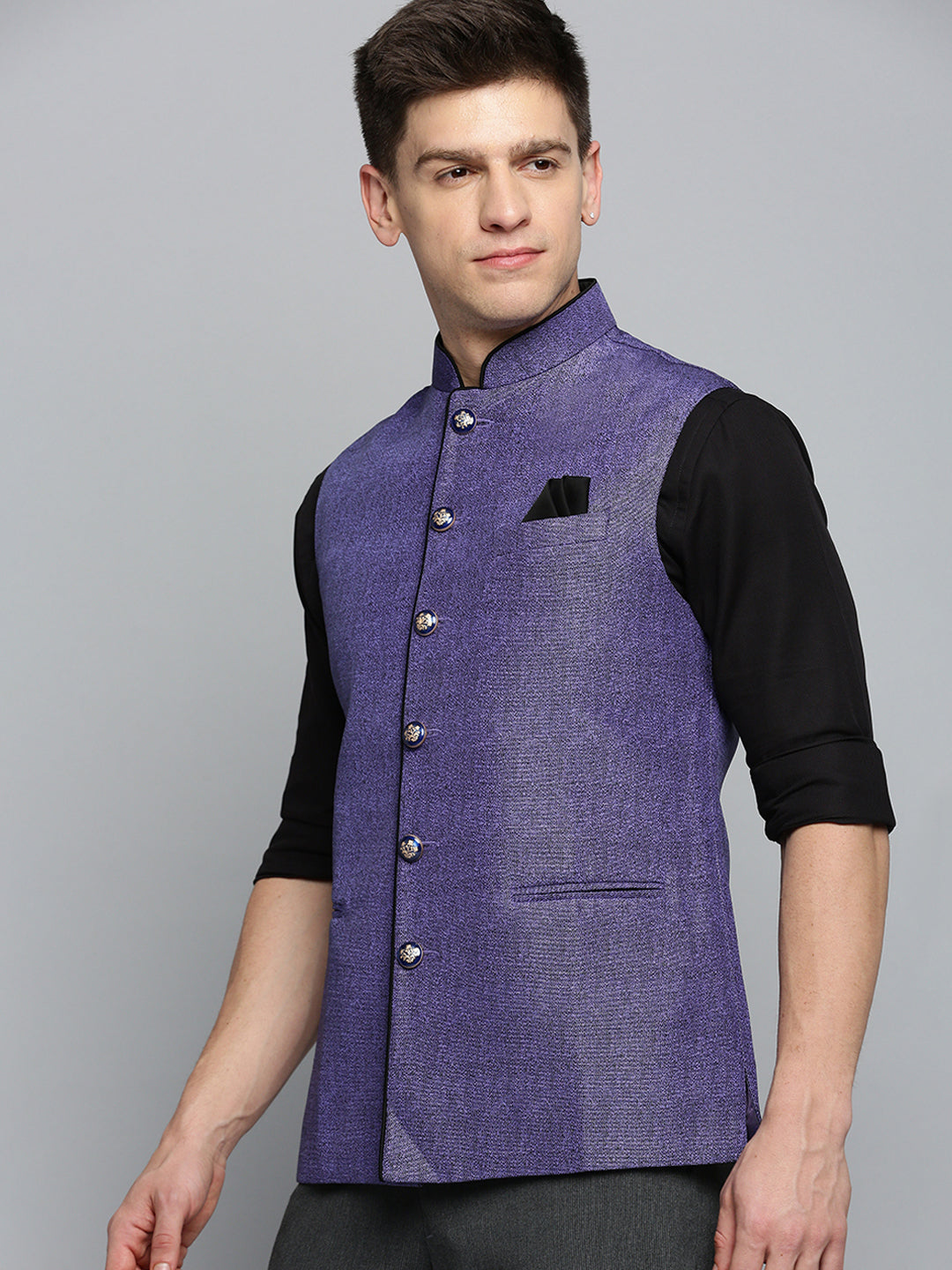 Men Mandarin Collar Solid Blue Nehru Jacket