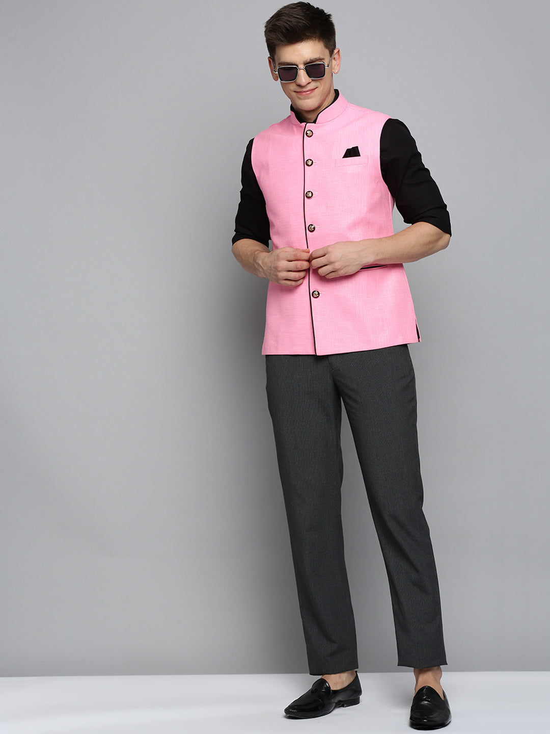 Men Mandarin Collar Solid Fuchsia Nehru Jacket