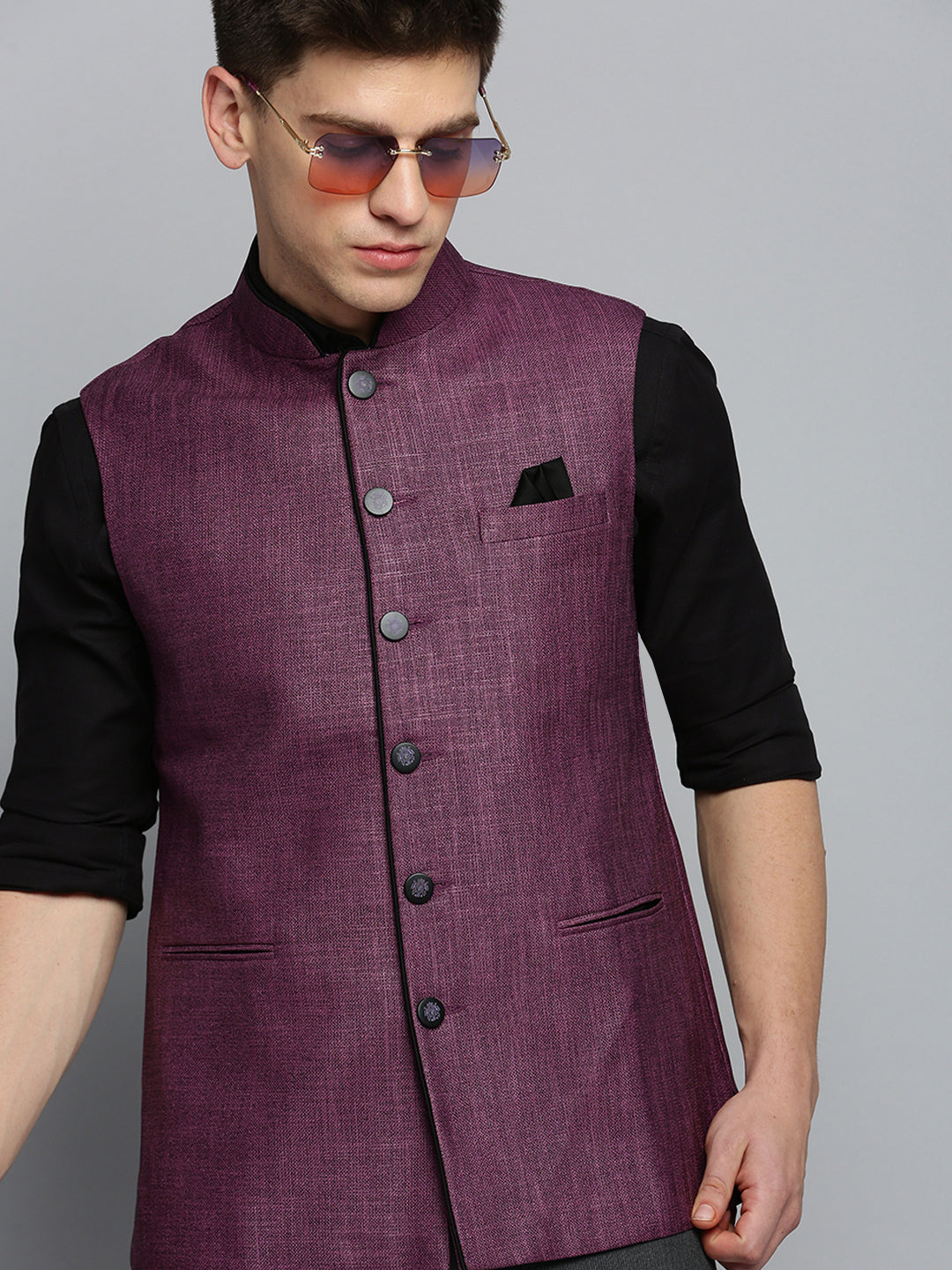 Men Mandarin Collar Solid Purple Nehru Jacket