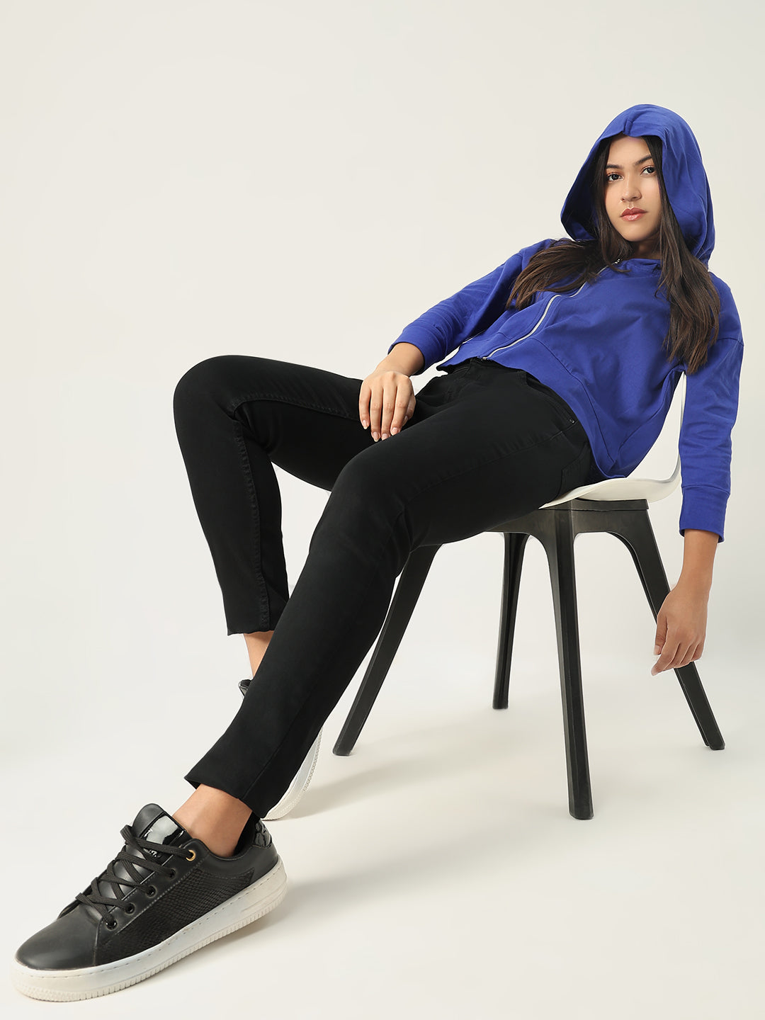 Women Blue Solid Hooded Sweatshirt