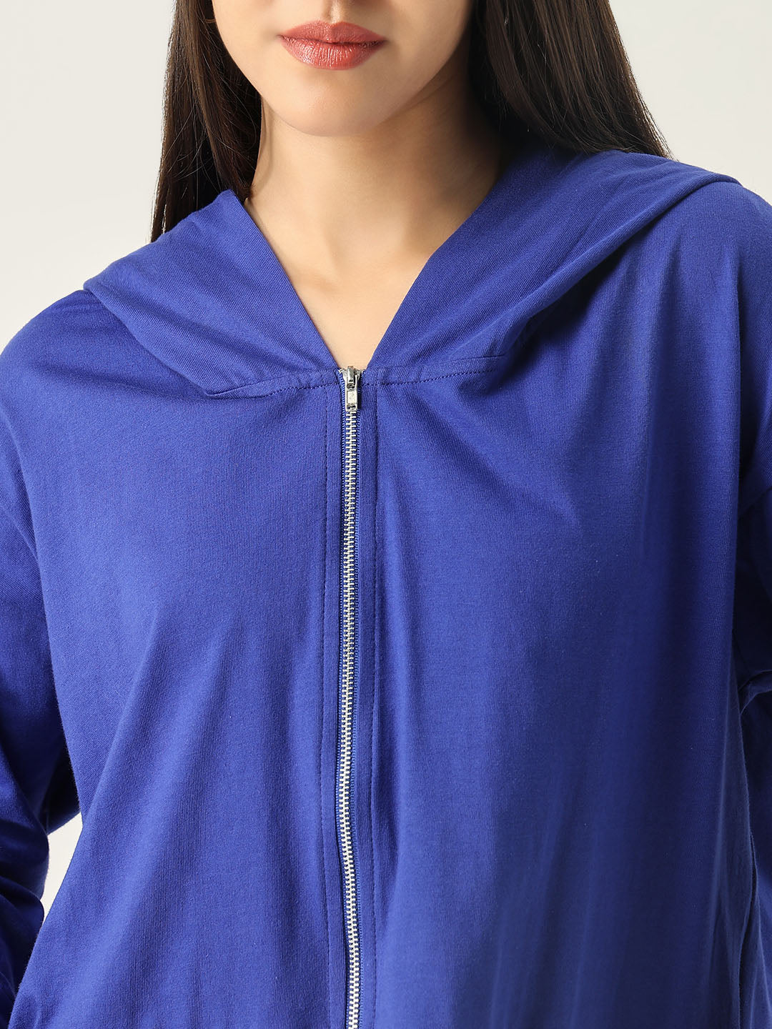 Women Blue Solid Hooded Sweatshirt