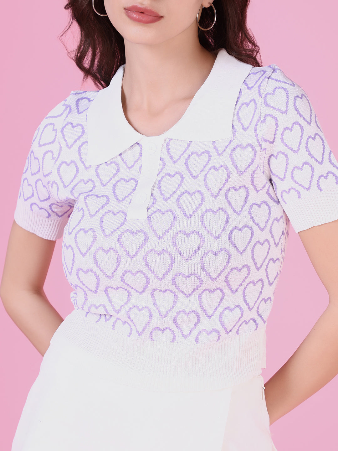 Women Violet Solid Shirt Style Crop Top