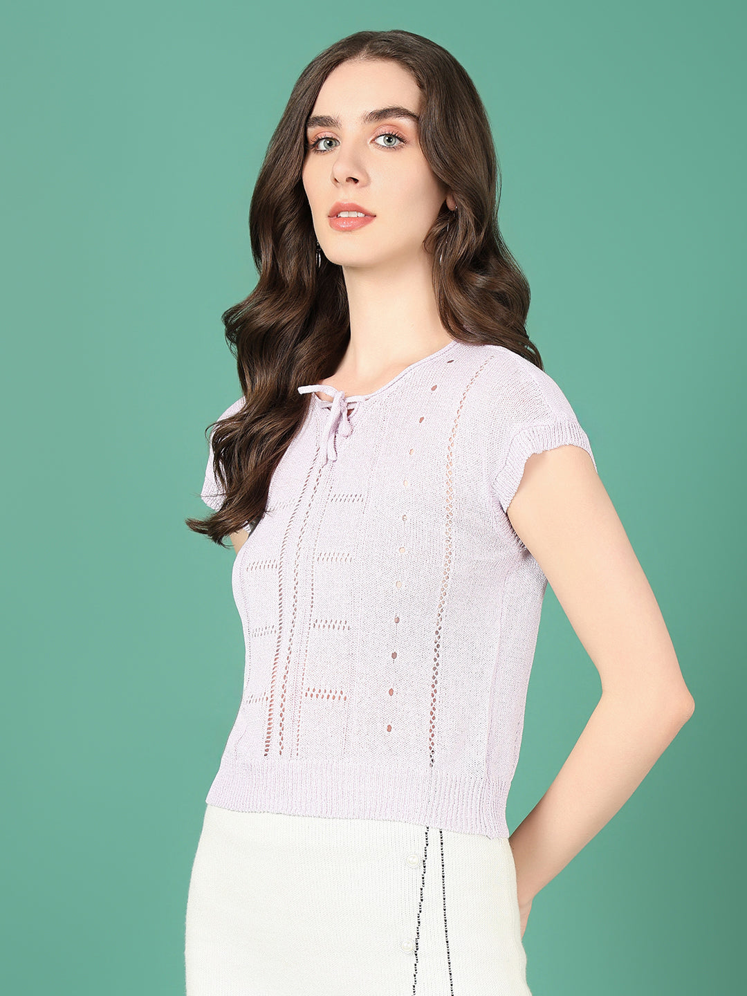 Women Lavender Solid Crochet Top