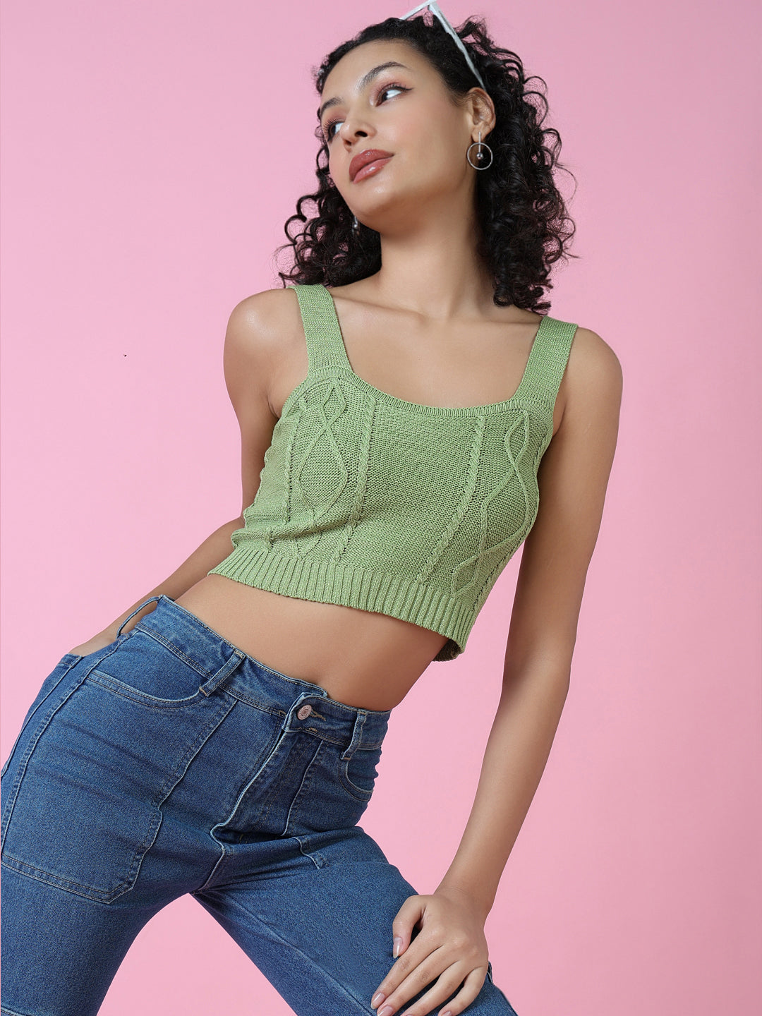 Women Green Solid Crochet Crop Top