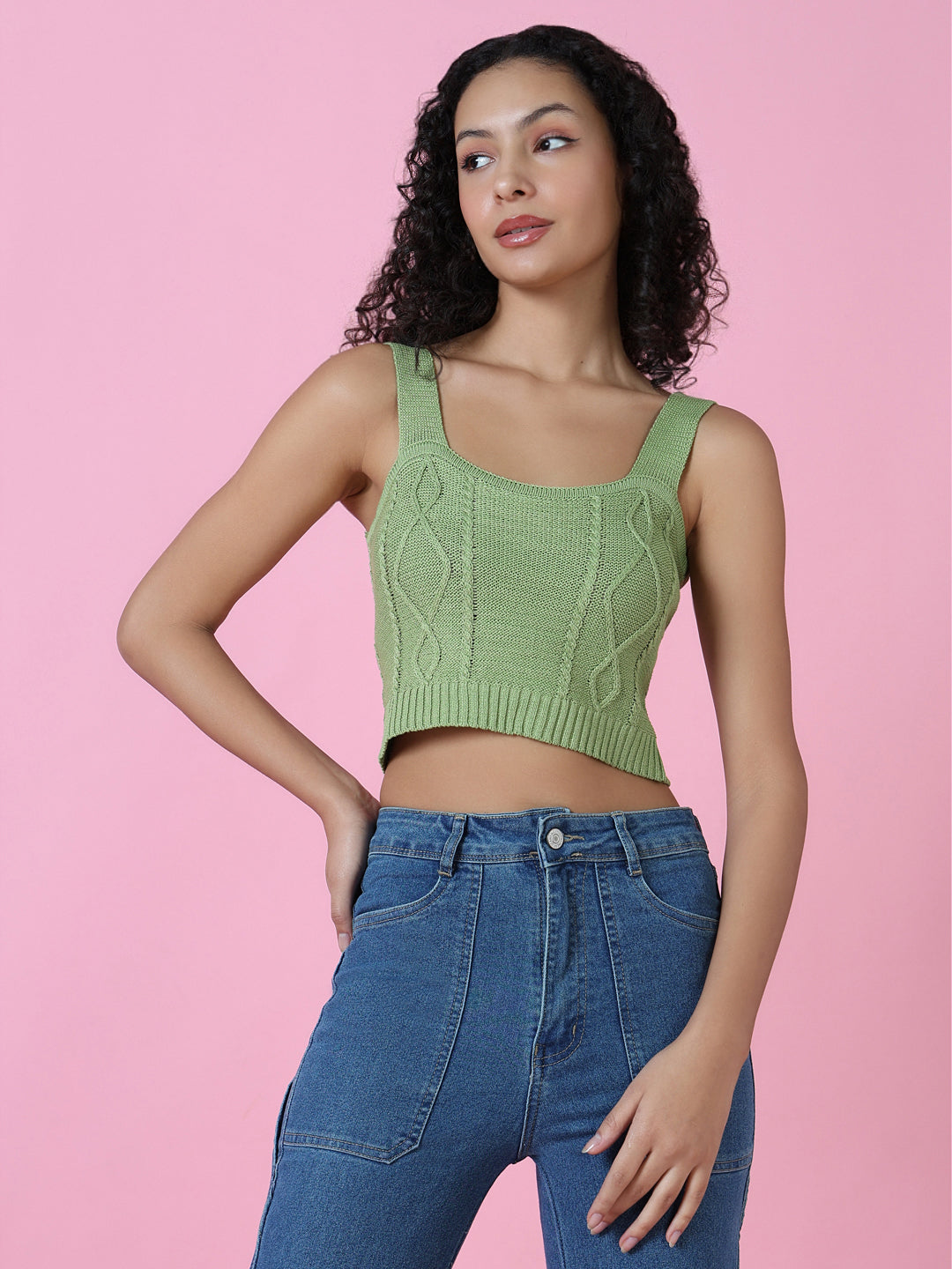 Women Green Solid Crochet Crop Top