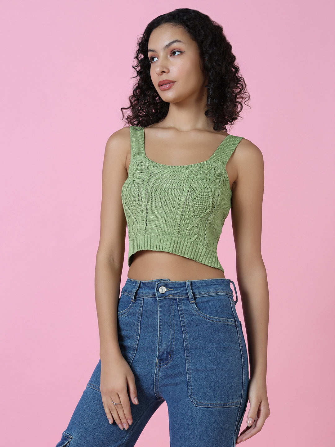 Women Green Solid Crochet Crop Top